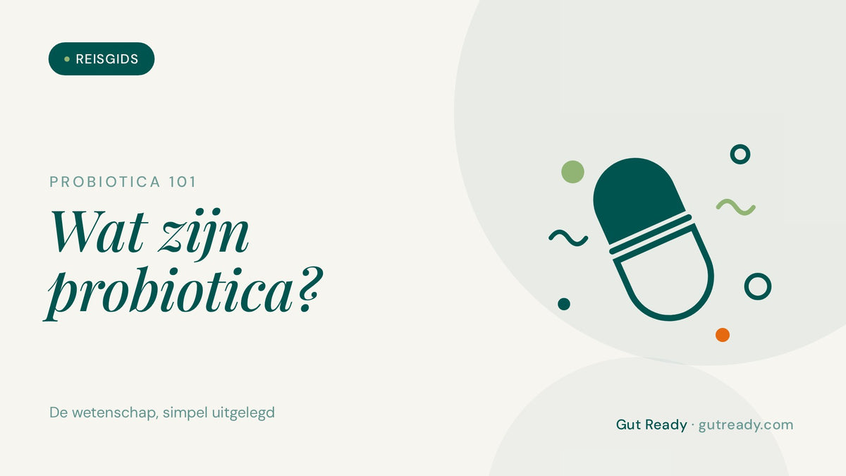 Illustratie van een open probiotica-capsule met goede bacteriën, in Gut Ready stijl