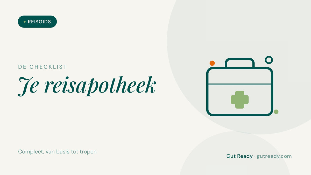 Illustratie van een EHBO-koffer met kruis, de checklist voor je reisapotheek van Gut Ready