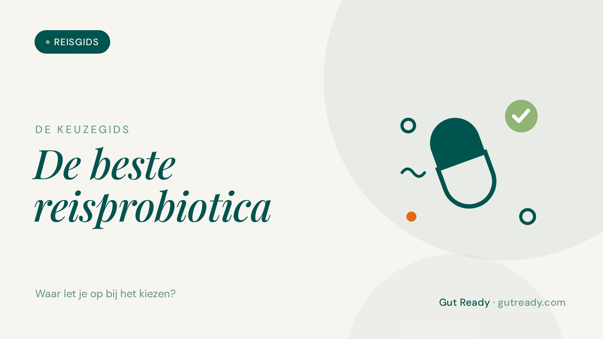 Illustratie van een probiotica-capsule met groen vinkje, de keuzegids voor de beste reisprobiotica