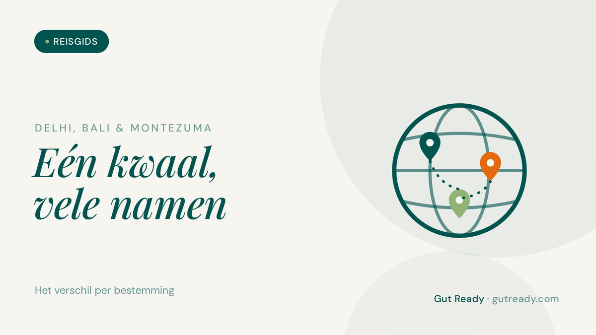 Illustratie van een wereldbol met bestemmingspins, het verschil tussen Delhi belly, Bali belly en Montezuma's wraak