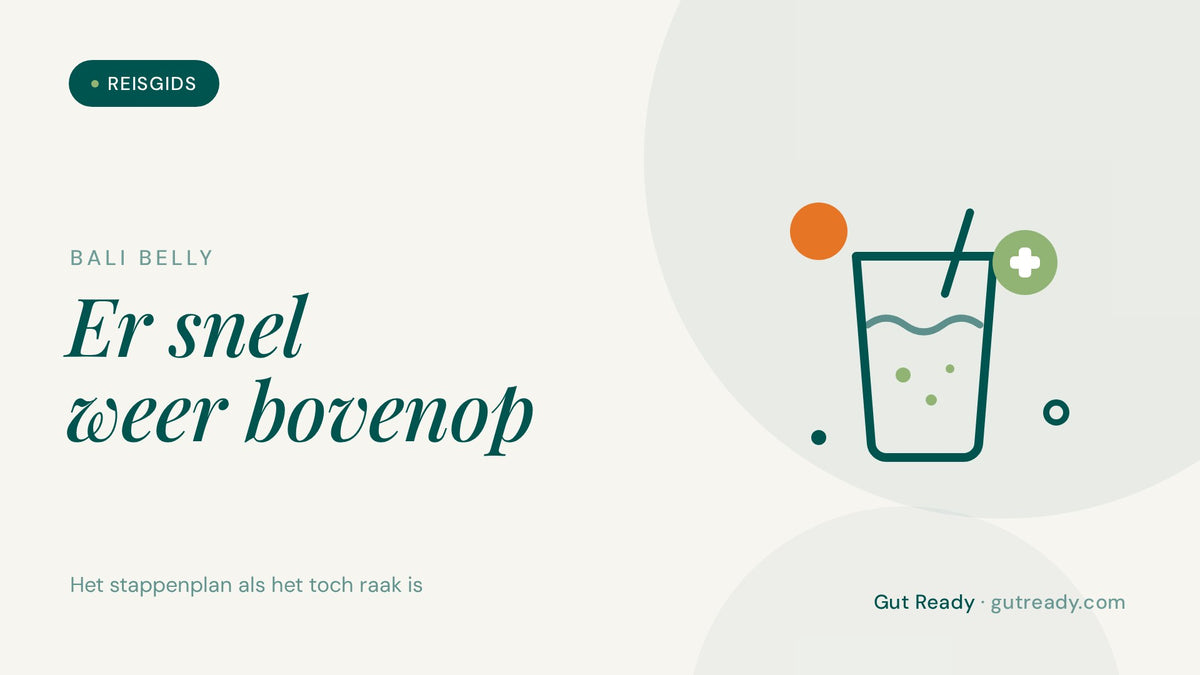 Illustratie van een glas ORS met rietje en een medisch kruis, het stappenplan bij Bali belly