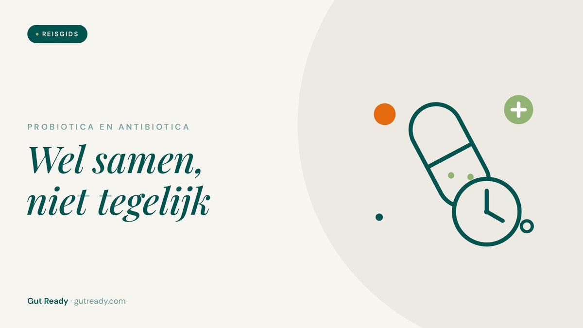 Illustratie van een capsule en een klok, probiotica en antibiotica samen nemen met 2 tot 3 uur ertussen