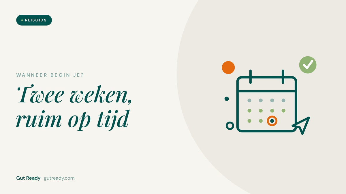 Illustratie van een kalender met aangevinkte dagen en een papieren vliegtuigje, wanneer beginnen met probiotica
